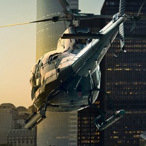 Helicopter flying over a city